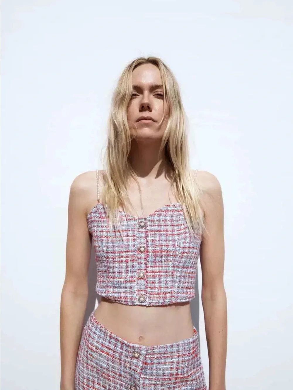 Zara Tweed Corset Crop Top with Pearl Straps Red Blue